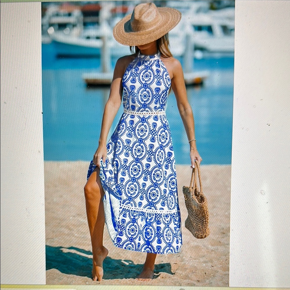 Chic Blue and White Patterned Halter Dress Cupshe NWT